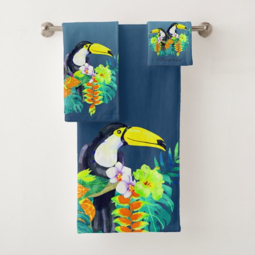 Teal Toucan birds tropical flowers Bath Towel Set