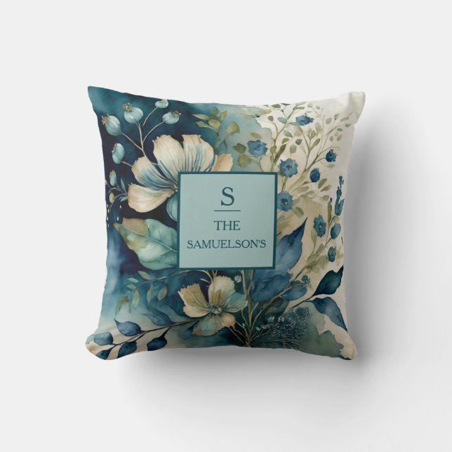Teal Tranquility: Botanical Bliss Throw Pillow (Front)