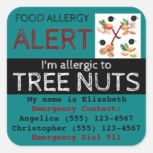 Teal Tree Nut Food Allergy Alert Sticker Label
