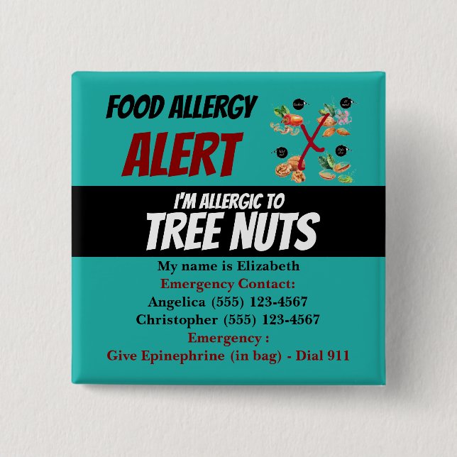 Teal Tree Nut Food Allergy Alert Warning Button (Front)