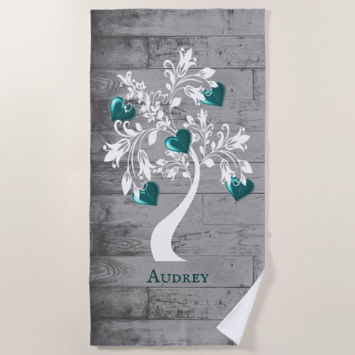 Teal Tree of Hearts Personalized Beach Towel