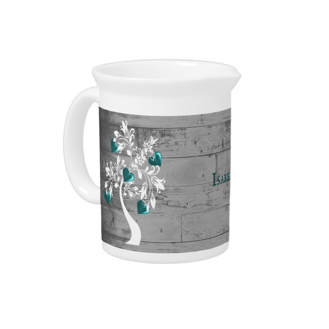 Teal Tree of Hearts Personalized Beverage Pitcher (Left)