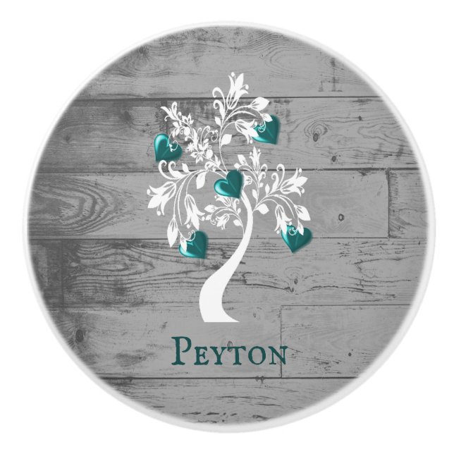 Teal Tree of Hearts Personalized Ceramic Knob (Front)