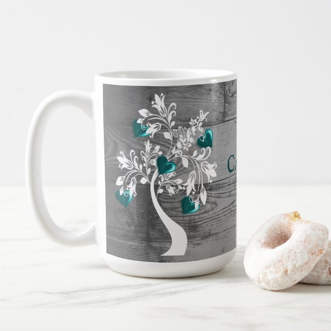 Teal Tree of Hearts Personalized Coffee Mug (With Donut)