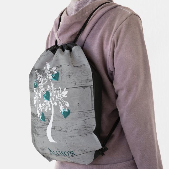 Teal Tree of Hearts Personalized Drawstring Bag (Insitu)