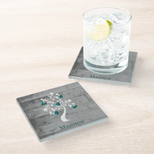 Teal Tree of Hearts Personalized Glass Coaster