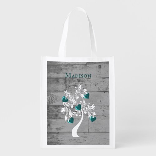 Teal Tree of Hearts Personalized Grocery Bag