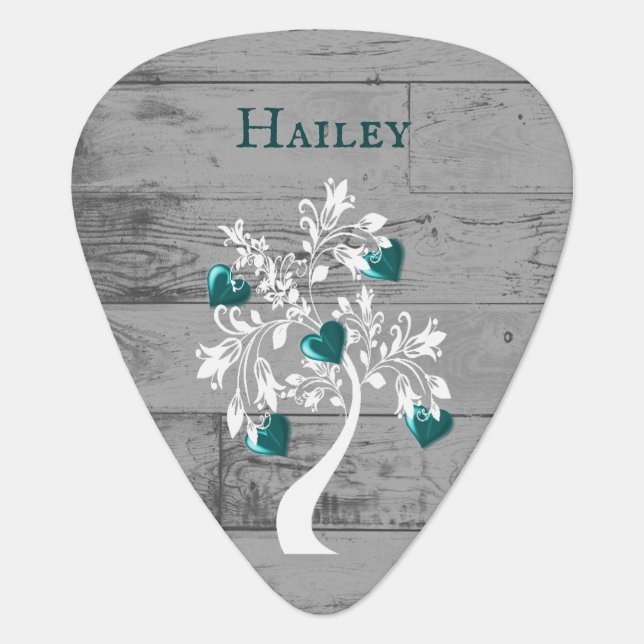 Teal Tree of Hearts Personalized Guitar Pick (Front)