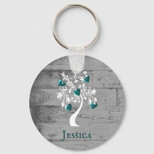 Teal Tree of Hearts Personalized Keychain