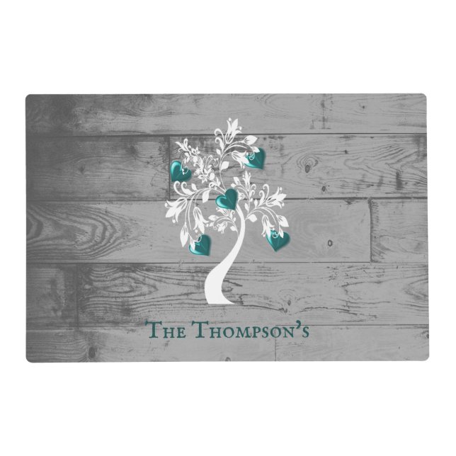 Teal Tree of Hearts Personalized Placemat (Front)
