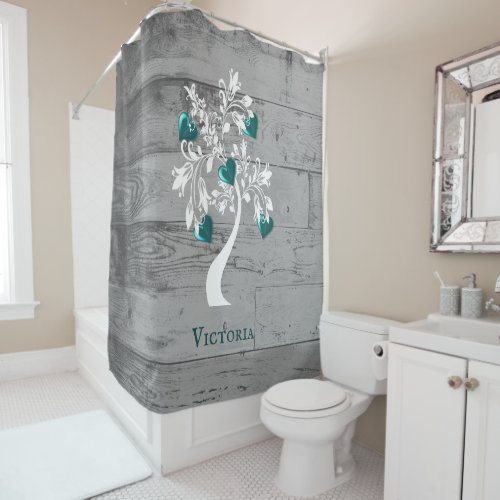 Teal Tree of Hearts Personalized Shower Curtain