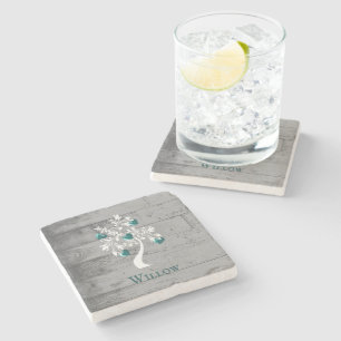 Teal Tree of Hearts Personalized Stone Coaster