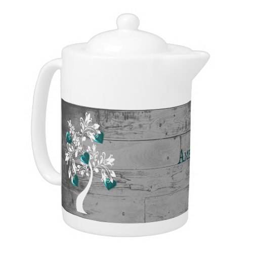 Teal Tree of Hearts Personalized Teapot