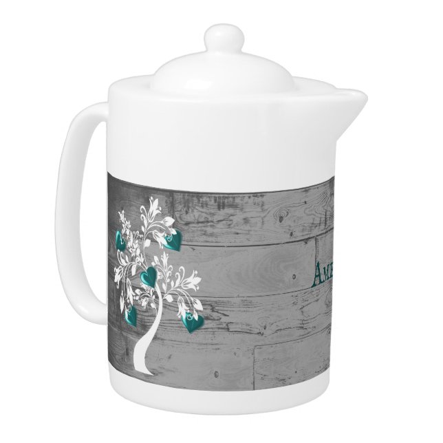 Teal Tree of Hearts Personalized Teapot (Left)