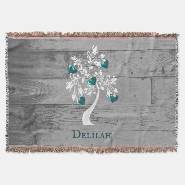 Teal Tree of Hearts Personalized Throw Blanket (Front)