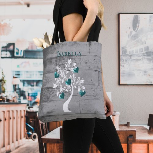 Teal Tree of Hearts Personalized Tote Bag