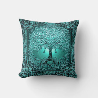 Teal Tree of Life Ancient Rustic Throw Pillow