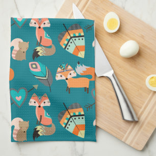 Teal Tribal Fox Pattern Kitchen Towel