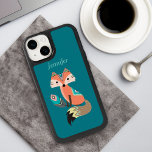 Teal Tribal Fox with Feather OtterBox iPhone 14 Case<br><div class="desc">A colorful,  cute fox wears boho style tribal attire and holds a pattern feather. The image,  in orange and turquoise,  is placed on a darker teal background. Your name or other text is in matching light teal at one side. Unique and trendy!</div>