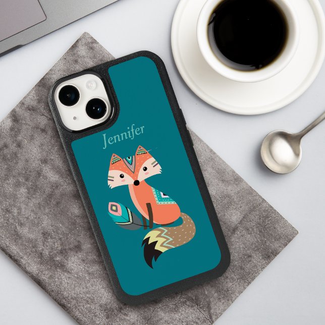 Teal Tribal Fox with Feather Otterbox iPhone Case (Creator Uploaded)