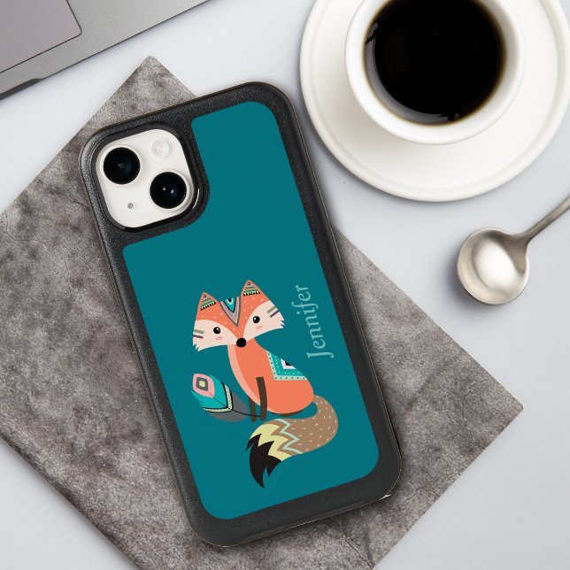 Teal Tribal Fox with Feather Otterbox iPhone Case (Creator Uploaded)