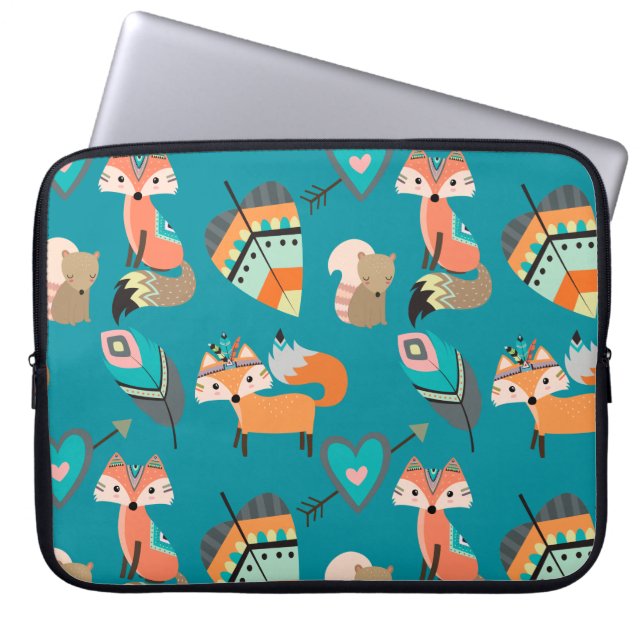 Teal Tribal Foxes Laptop Sleeve (Front)