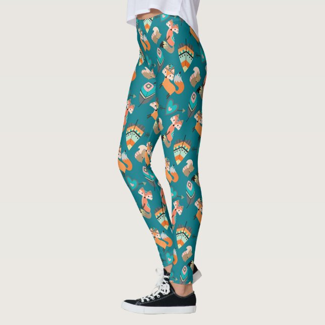 Teal Tribal Foxes Leggings (Left)
