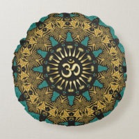 Teal Tribal Mandala Om Symbol Round Pillow
