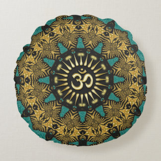 Teal Tribal Mandala Om Symbol Round Pillow