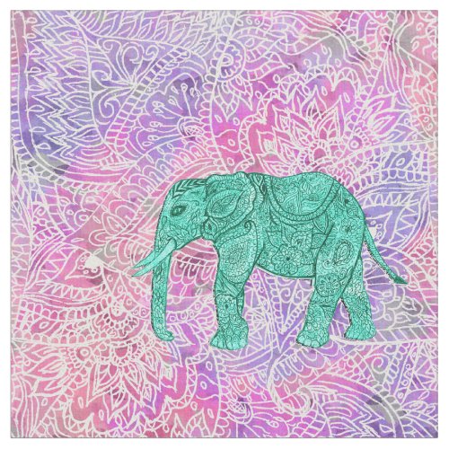 Teal Tribal Paisley Elephant Purple Henna Pattern Fabric