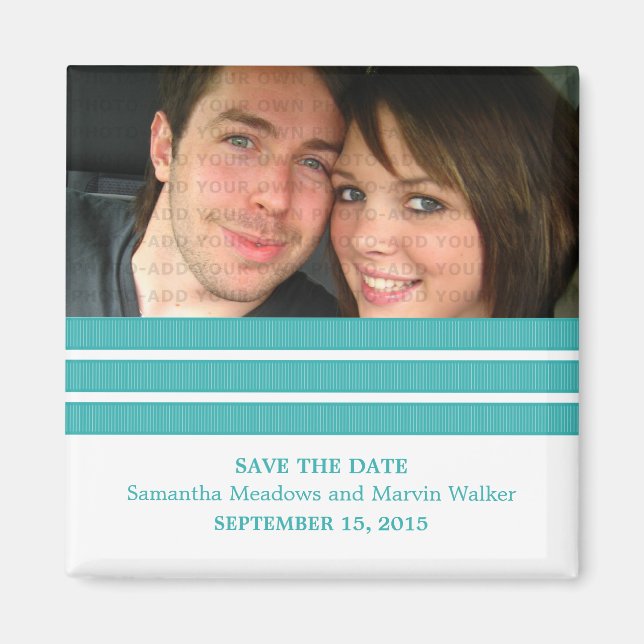Teal Triple Stripe Photo Save the Date Magnet (Front)