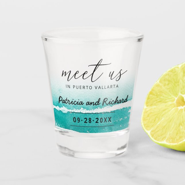 Teal Tropical Destination Wedding Save the Date Shot Glass (Front)