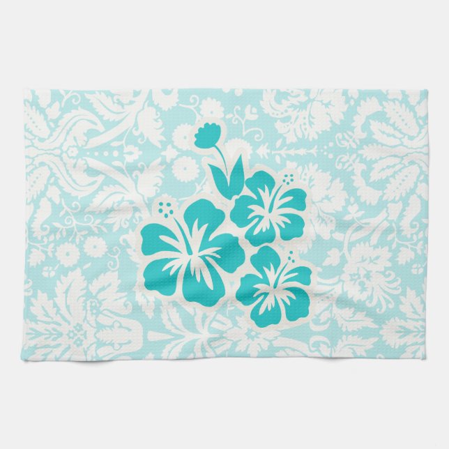 Teal Tropical Flowers Kitchen Towel (Horizontal)