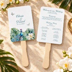 Teal Tropical Flowers Peacock Wedding Program Hand Fan