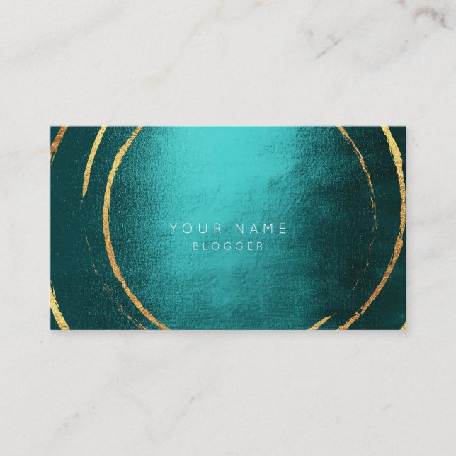 Teal Tropical Geometric Golden Foil Circles Black Business Card (Front)