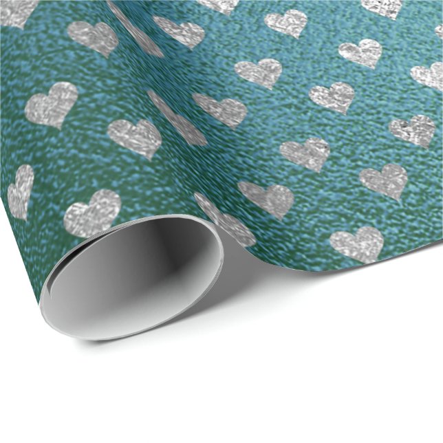 Teal Tropical Green Glass Silver Hearts Gray Wrapping Paper (Roll Corner)