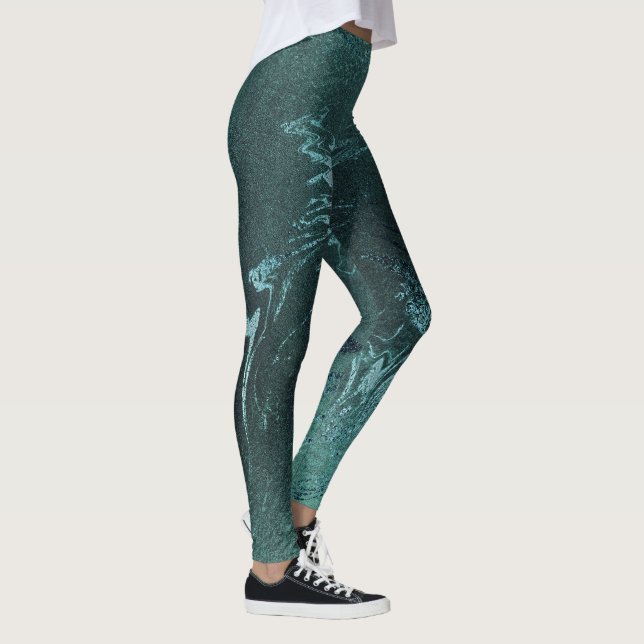 Teal Tropical Green Metallic Abstract Marble Leggings (Right)