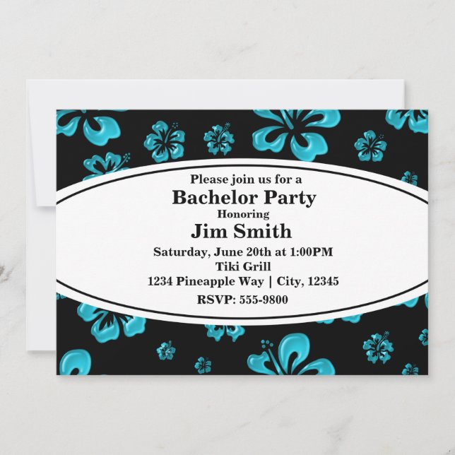 Teal Tropical Hibiscus Floral Black Invitation (Front)