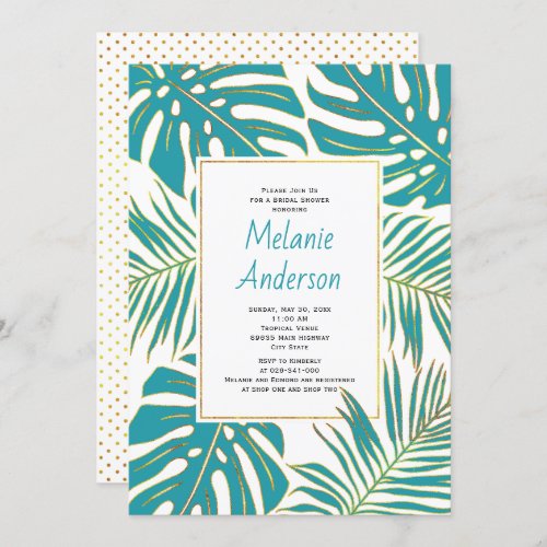 Teal tropical leaves wedding bridal shower invitation