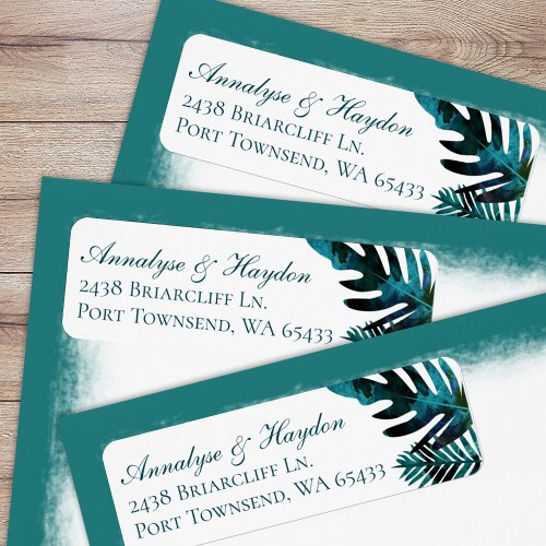 Teal Tropical Leaves Wedding Return Address Label