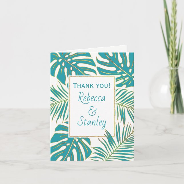 Teal tropical leaves wedding wedding Thank You (Front)
