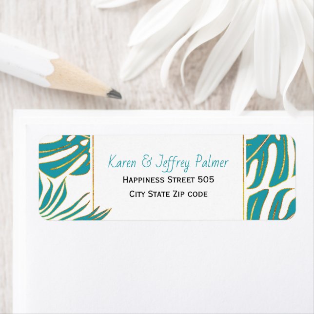 Teal tropical monstera and palm leaves wedding label (Insitu)