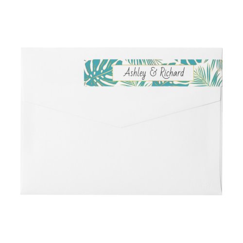 Teal tropical monstera and palm leaves wedding wrap around label