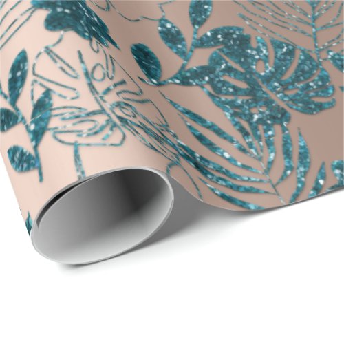 Teal Tropical Monstera Botanical Beige Leafs Palm Wrapping Paper
