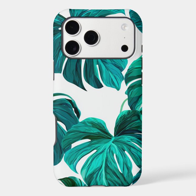 Teal Tropical Monstera Leaf Seamless Pattern Art Iphone Case (Back)