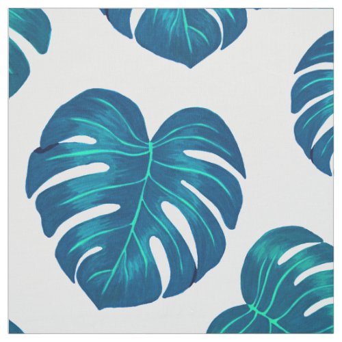 Teal Tropical Monstera Leaves Pattern Fabric