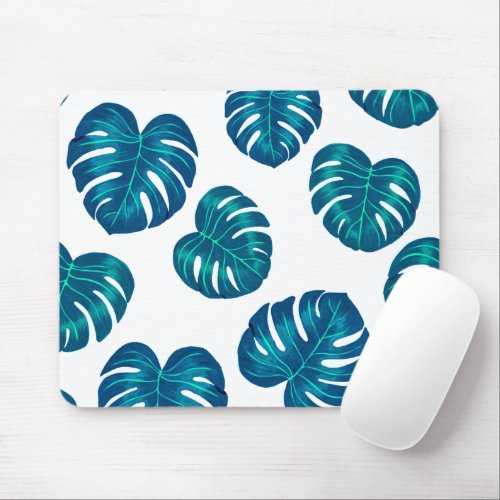 Teal Tropical Monstera Leaves Pattern Mouse Pad