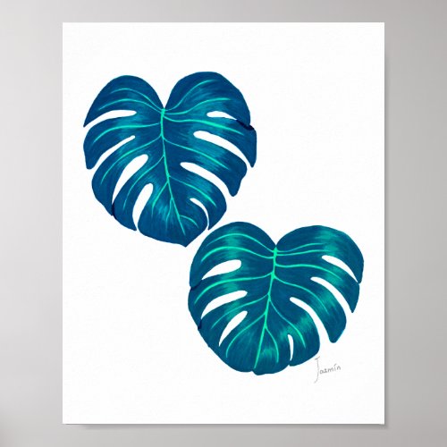 Teal Tropical Monstera Leaves Poster