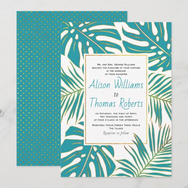 Teal tropical monstera palm leaves wedding invitation (Front/Back)