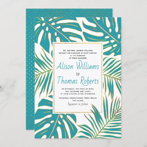 Teal tropical monstera palm leaves wedding invitation